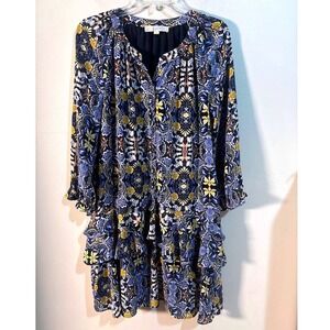 LOFT‎ Women's Blue Yellow Floral Print Ruffle Tiered Mini Dress Size Medium